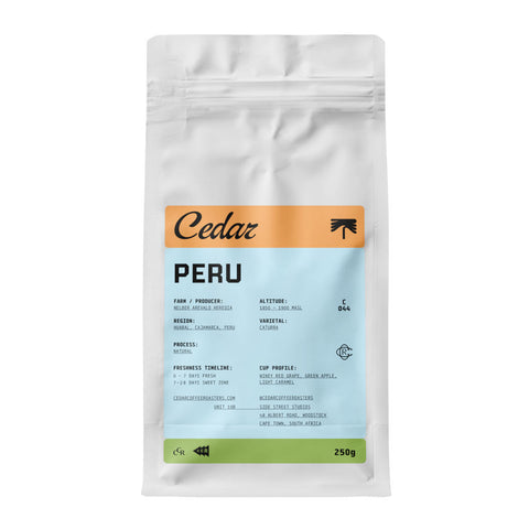 Cedar Peru Nelber Arevalo Natural coffee bag