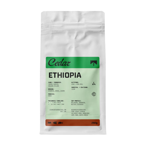 Cedar Ethiopia Chilaka Honey coffee in a white 250 g bag with a green label.