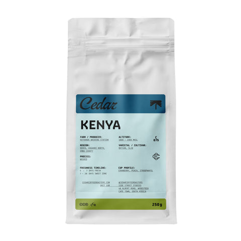 250g bag of Cedar Kenya Kathande washed coffee with a pale blue label.