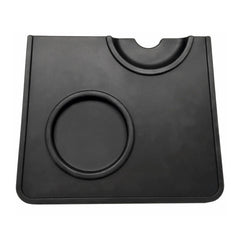 Black Silicone Corner Tamping Mat With Holder for espresso bottom to top view