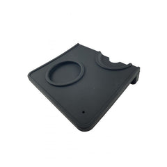 Black Silicone Corner Tamping Mat With Holder for espresso angled side view