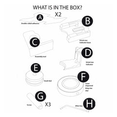 Labelled Eureka Mignon King Size Dial kit diagram showing adhesive pads, indicator base, assembly tool, indicator, dials, screws and Allen key.