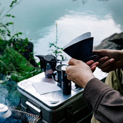 Hario Zebrang coffee dripper in use outdoors