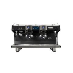 Black Rancilio Invicta two-group espresso machine with central touchscreen, dual steam wands and stainless steel drip tray.
