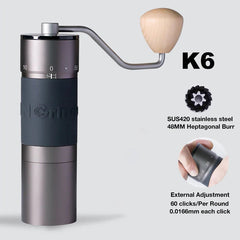 Specifications of KINGrinder K6 Manual Coffee Grinder with text