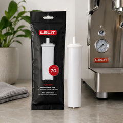Lelit 70L water softener filter and packaging beside a stainless steel Lelit espresso machine.