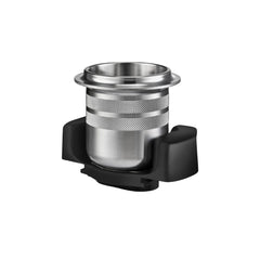 Mazzer Super Jolly g stainless steel dosing cup with textured grip, seated in a black holder.