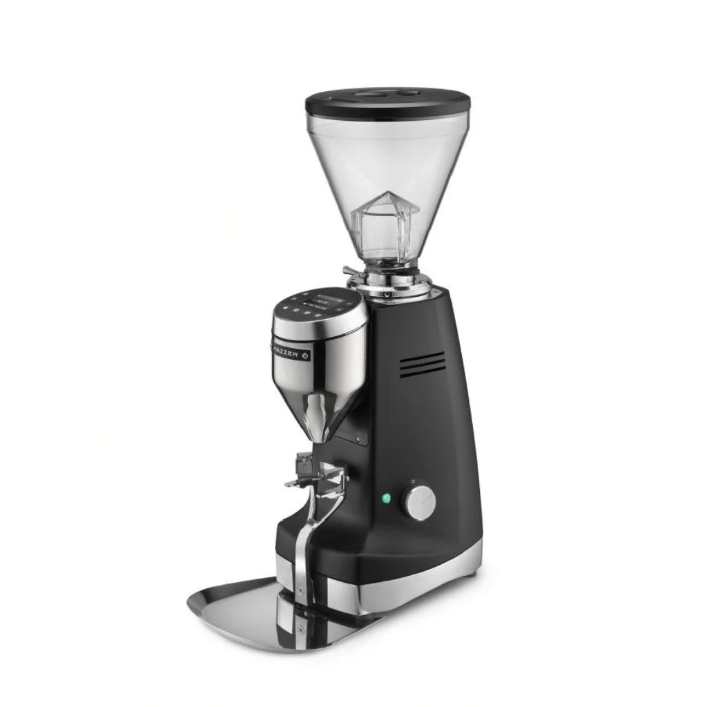 Black Mazzer Super Jolly g espresso grinder, angled view with clear bean hopper and portafilter holder.