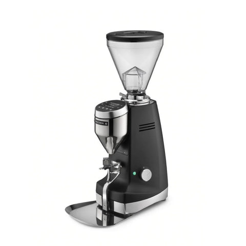 Black Mazzer Super Jolly g espresso grinder, angled view with clear bean hopper and portafilter holder.