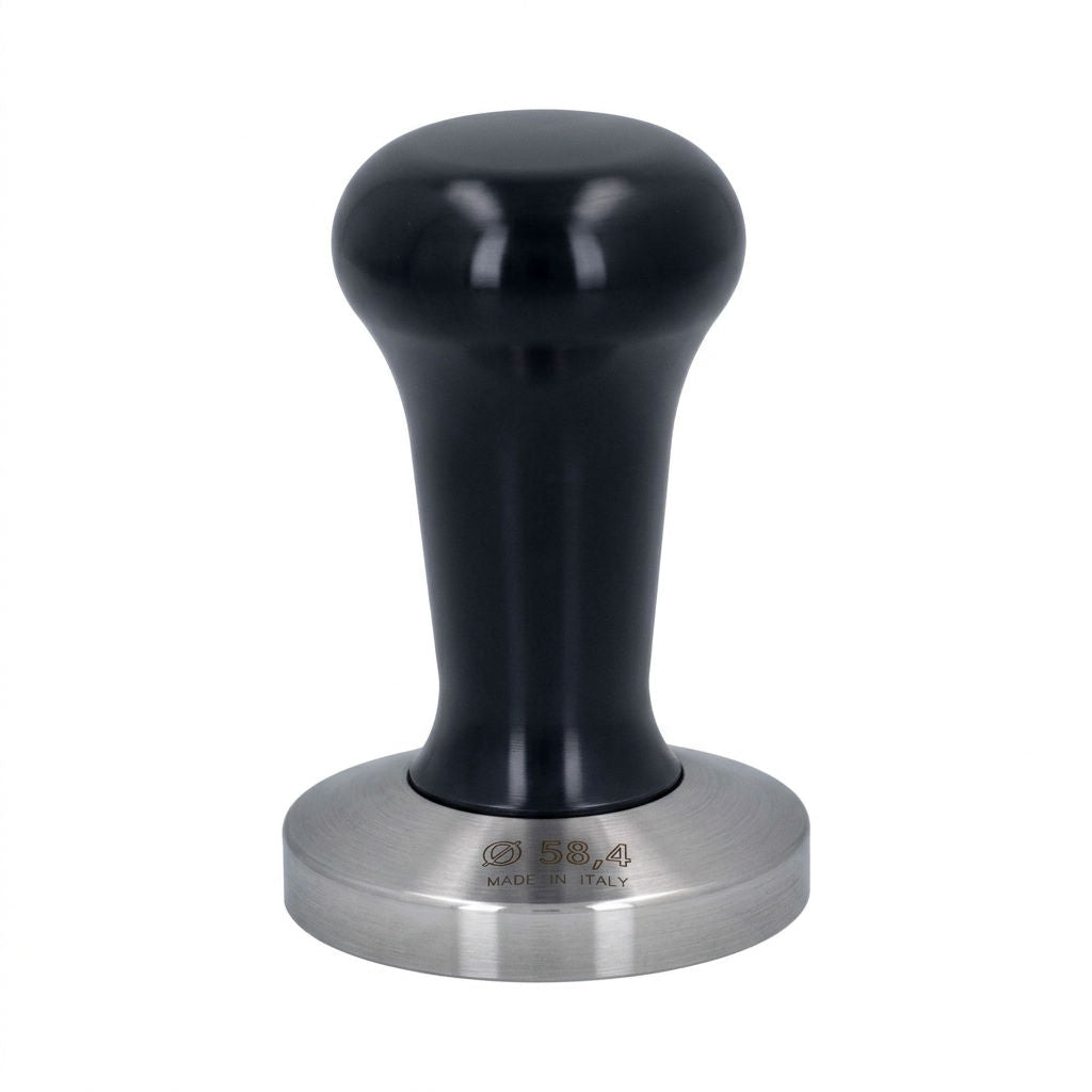 Precision 58.4mm black handle espresso tamper with stainless steel base