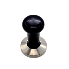 Precision 58.4mm black handle espresso tamper with stainless steel base top view