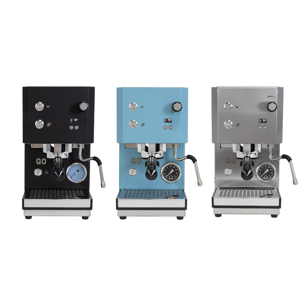 Profitec GO 2.0 Home Espresso Machine in black, blue and stainless steel