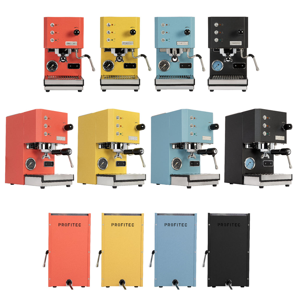 Profitec GO Espresso Machine in red, yellow, blue & black collage