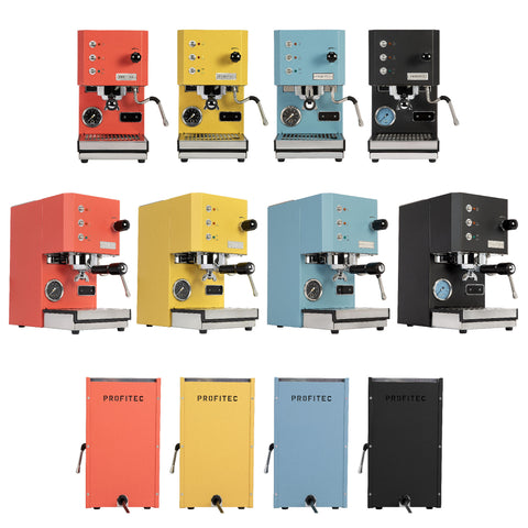 Profitec GO Espresso Machine in red, yellow, blue & black collage