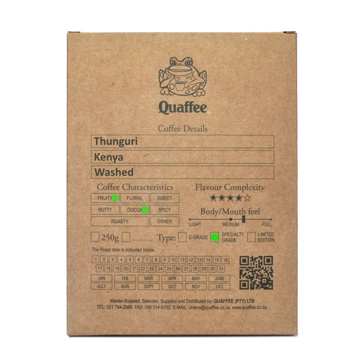 Box of Quaffee Kenya Thunguri AB Washed coffee beans