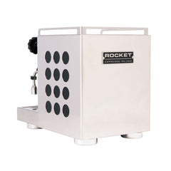 Rocket Appartamento 2.0 espresso machine with black circular side inserts and Rocket badge, rear three-quarter view