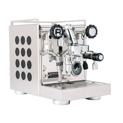 Rocket Appartamento 2.0 espresso machine with black circular side inserts, front three-quarter view