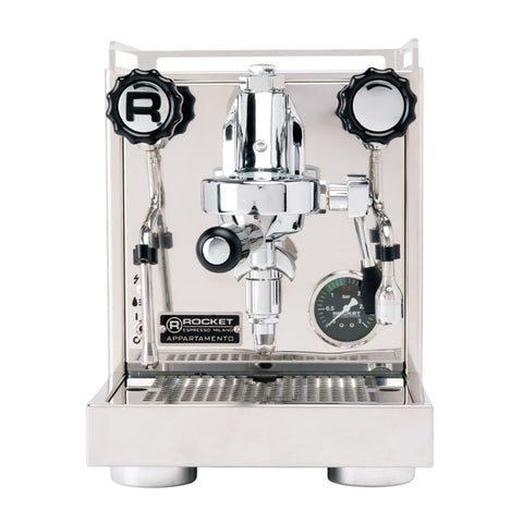 Rocket Appartamento 2.0 espresso machine, front view showing group head, portafilter, steam wand and pressure gauge