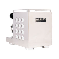 Rocket Appartamento 2.0 espresso machine with white circular side inserts and Rocket badge, rear three-quarter view