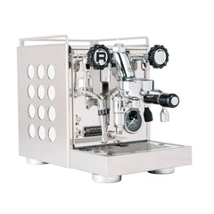 Rocket Appartamento 2.0 espresso machine with white circular side inserts, front three-quarter view