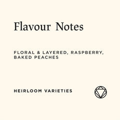 Bombe coffee flavour notes: floral and layered, raspberry and baked peaches. Heirloom varieties.