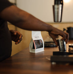 Café scene with single-origin Chelchele Ethiopian Rosetta coffee beans
