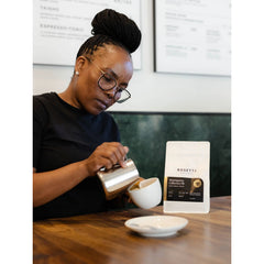 Brazil Mantiqueira Collective PB Natural coffee bag & barista at Rosetta café 