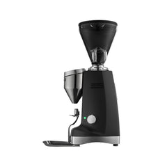 Side view of the black Mazzer Super Jolly g espresso grinder showing the hopper, body and grounds tray.