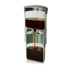 Cutaway of the Wacaco Prestina showing coffee flowing through the filter and valve into the cup.