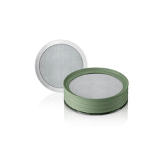 Close-up of the Wacaco Prestina stainless steel mesh filter and Sage Green filter holder.