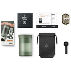 Wacaco Prestina with carry pouch, coffee scoop, instructions, warranty card, sticker and packaging.